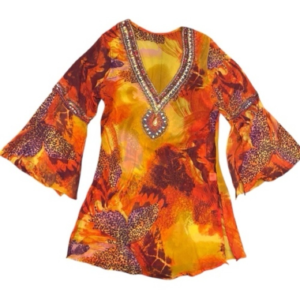 Vibrant Orange Yellow Women's Beach Coverup colorful boho butterflies Size S